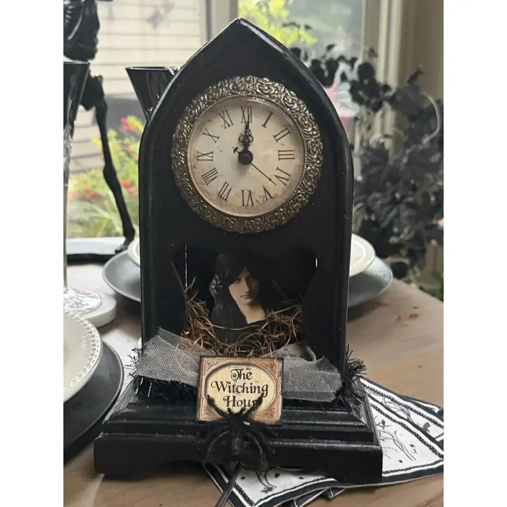 NWT Halloween Witch Black Gothic Mantel Faux ClockDecor - The Witching Hour